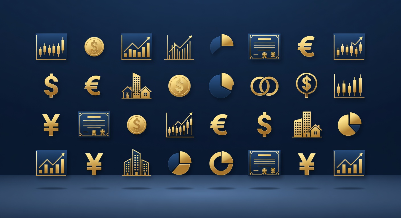 Ilustração conceitual de diversificação de investimentos com símbolos financeiros espalhados em tons navy e dourado