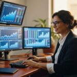 Profissional feminina analisando gráficos financeiros em múltiplos monitores com dados econômicos e indicadores de mercado