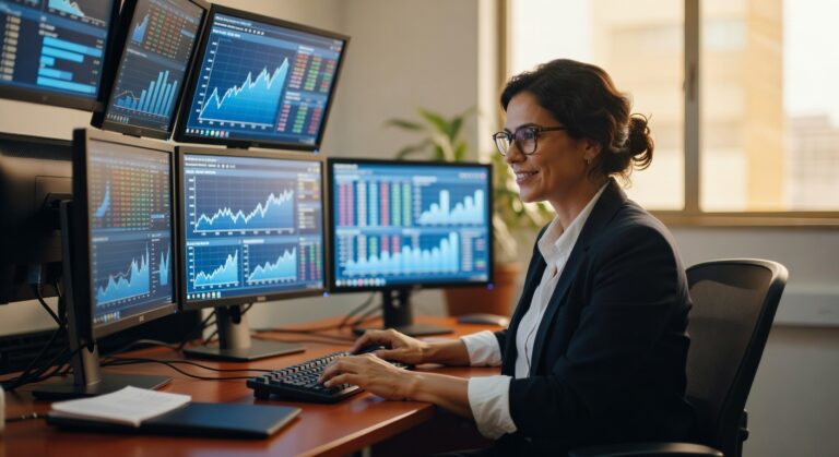 Profissional feminina analisando gráficos financeiros em múltiplos monitores com dados econômicos e indicadores de mercado