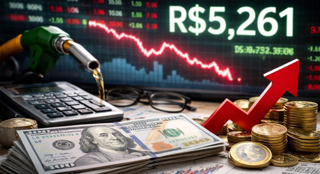 Gráfico mostra dólar a R$ 5,26 e queda do Ibovespa em 3,27% durante tensões geopolíticas no Oriente Médio