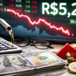 Gráfico mostra dólar a R$ 5,26 e queda do Ibovespa em 3,27% durante tensões geopolíticas no Oriente Médio