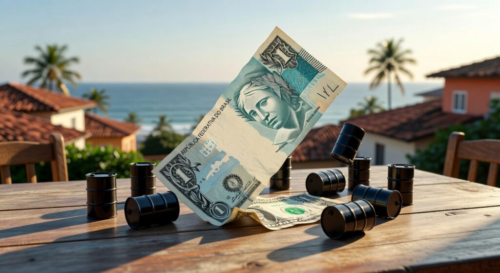 Cédula brasileira de real e nota de dólar americano dispostas sobre mesa de madeira com pequenos barris de petróleo miniatura, câmbio