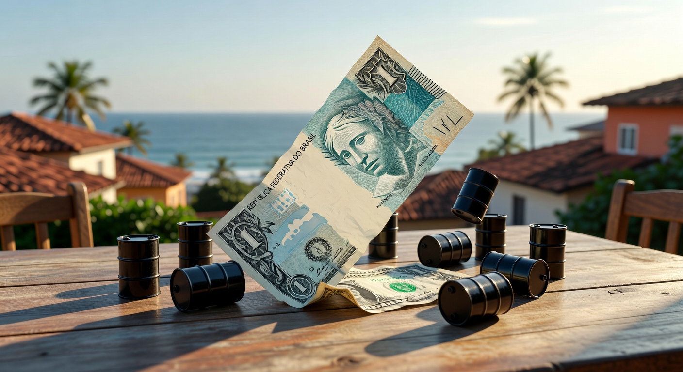 Cédula brasileira de real e nota de dólar americano dispostas sobre mesa de madeira com pequenos barris de petróleo miniatura, câmbio