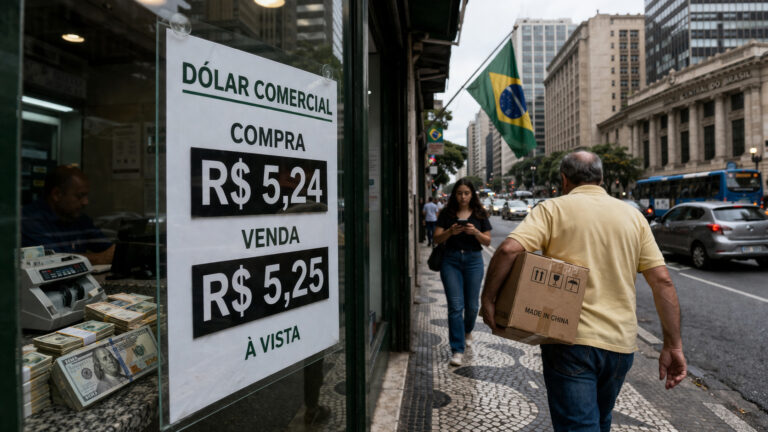 Placa de casa de câmbio com cotação do dólar comercial no Brasil em uma rua movimentada