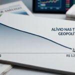 Gráfico em formato triangular mostrando valor do dólar em R$ 5,21 sobre mesa com jornais e monitor financeiro