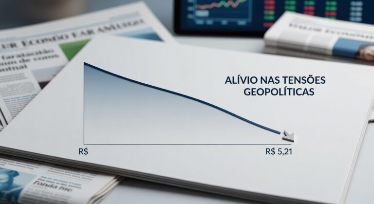 Gráfico em formato triangular mostrando valor do dólar em R$ 5,21 sobre mesa com jornais e monitor financeiro
