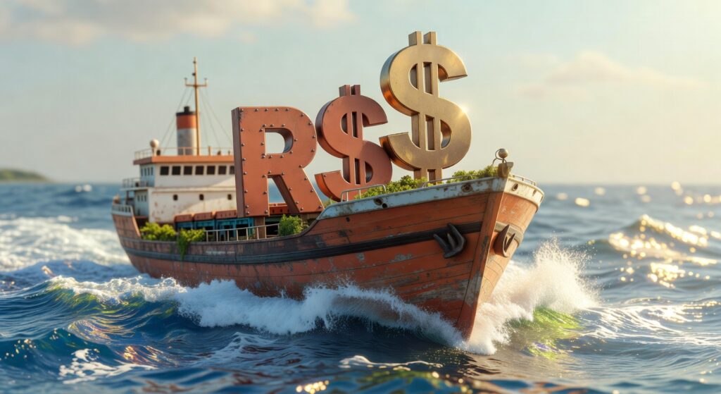 Navio cargueiro navegando em mar agitado transportando símbolos monetários R$ e dólar, representando câmbio moeda