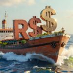 Navio cargueiro navegando em mar agitado transportando símbolos monetários R$ e dólar, representando câmbio moeda