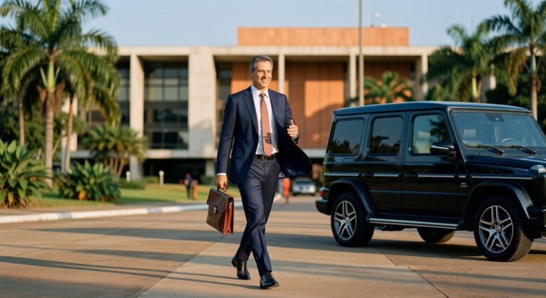 Executivo de terno azul com pasta caminhando ao lado de SUV preto em frente a edifício moderno com palmeiras, representando setor empresarial