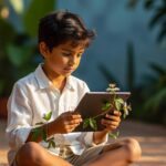 Menino de camisa branca usando tablet em ambiente com vegetação, tecnologia digital infantil proteção dados