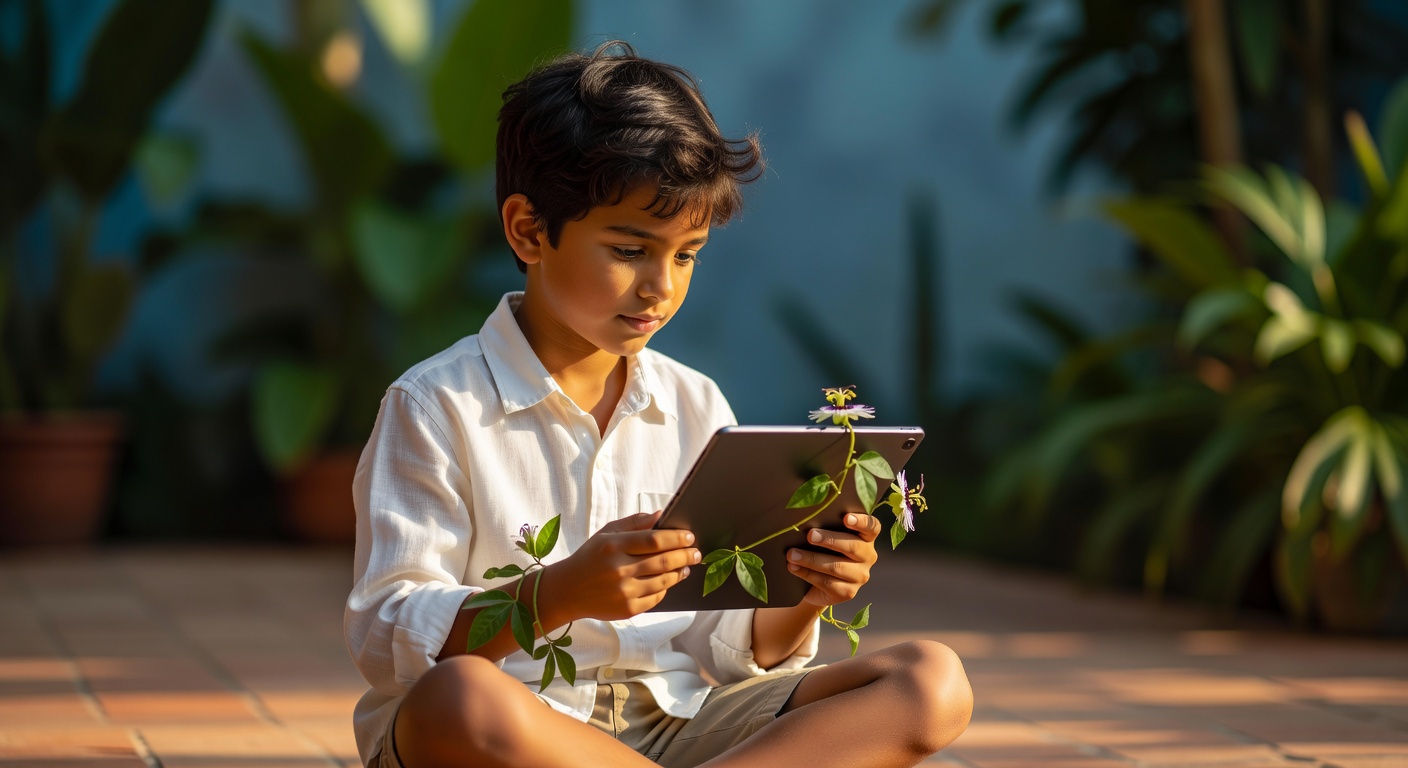 Menino de camisa branca usando tablet em ambiente com vegetação, tecnologia digital infantil proteção dados
