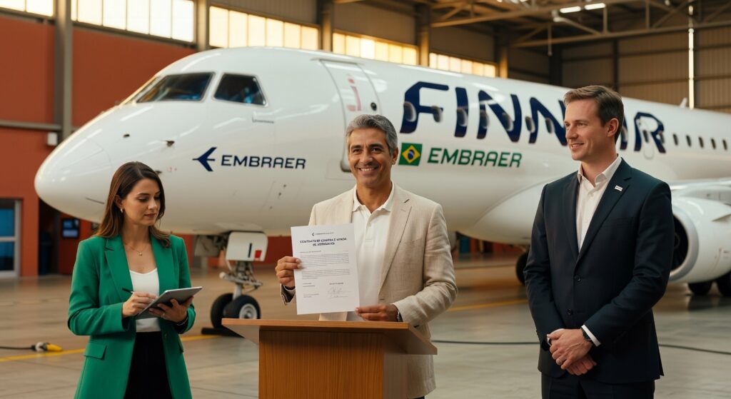 Três executivos em hangar com avião Embraer Finnair ao fundo durante cerimônia de assinatura de contrato aeronáutico