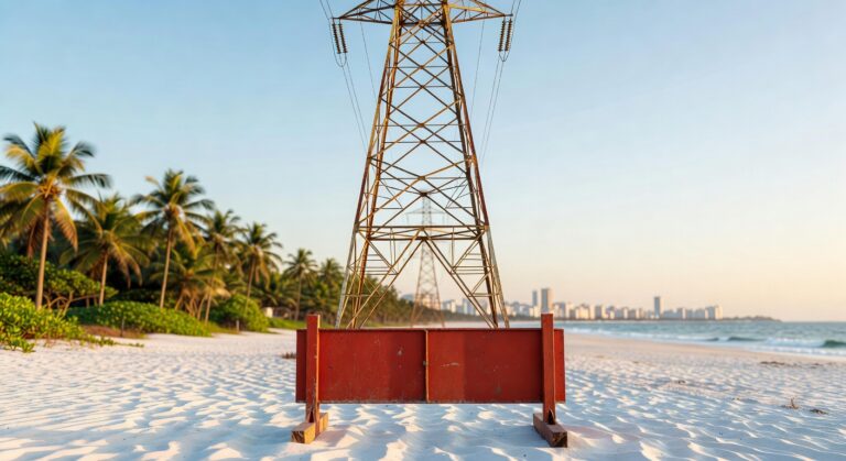 Torre de transmissão de energia elétrica instalada na areia da praia com coqueiros e cidade ao fundo - setor elétrico
