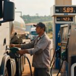 Motorista de caminhão abastecendo veículo em posto de combustível com preços de diesel e gasolina visíveis no painel digital