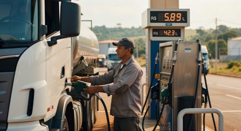 Motorista de caminhão abastecendo veículo em posto de combustível com preços de diesel e gasolina visíveis no painel digital