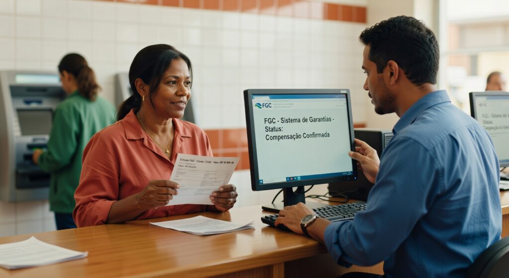 Mulher segura extrato FGC enquanto funcionário aponta para tela com status de compensação confirmada sistema garantias