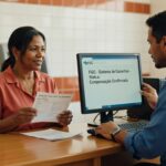 Mulher segura extrato FGC enquanto funcionário aponta para tela com status de compensação confirmada sistema garantias