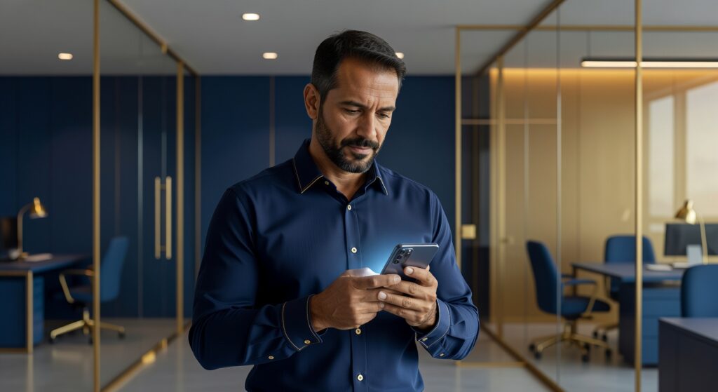 Trabalhador brasileiro consultando saldo do FGTS no celular, representando o acesso ao fundo de garantia