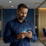 Trabalhador brasileiro consultando saldo do FGTS no celular, representando o acesso ao fundo de garantia