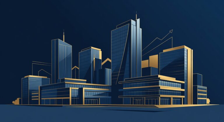 Ilustração de prédios comerciais e shoppings representando investimentos em fundos imobiliários FII