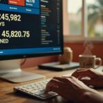 Monitor exibindo painel de controle de plataforma musical com 1,2 milhão de plays e R$ 45.820 em ganhos, royalties digitais