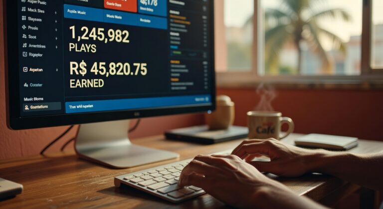 Monitor exibindo painel de controle de plataforma musical com 1,2 milhão de plays e R$ 45.820 em ganhos, royalties digitais