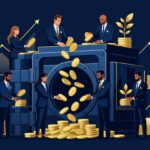 Ilustração representando pessoas colocando dinheiro em um fundo comum para investimentos maiores