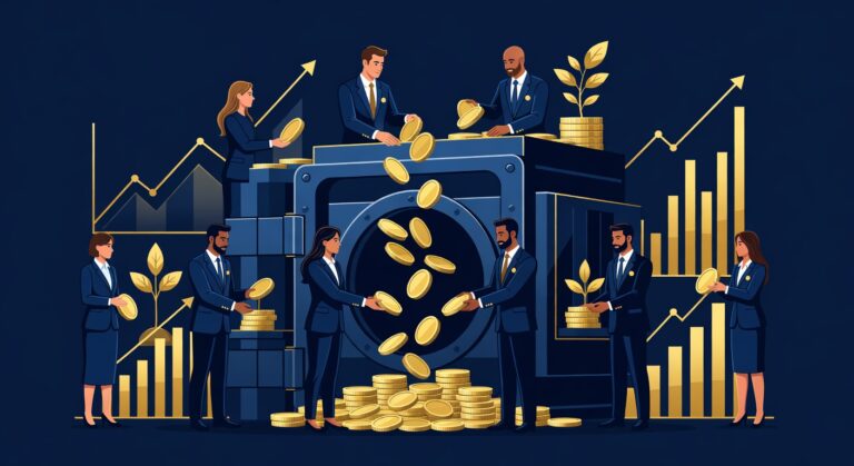 Ilustração representando pessoas colocando dinheiro em um fundo comum para investimentos maiores