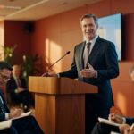 Executivo de terno discursando no púlpito durante evento empresarial com audiência tomando notas economia mercado financeiro