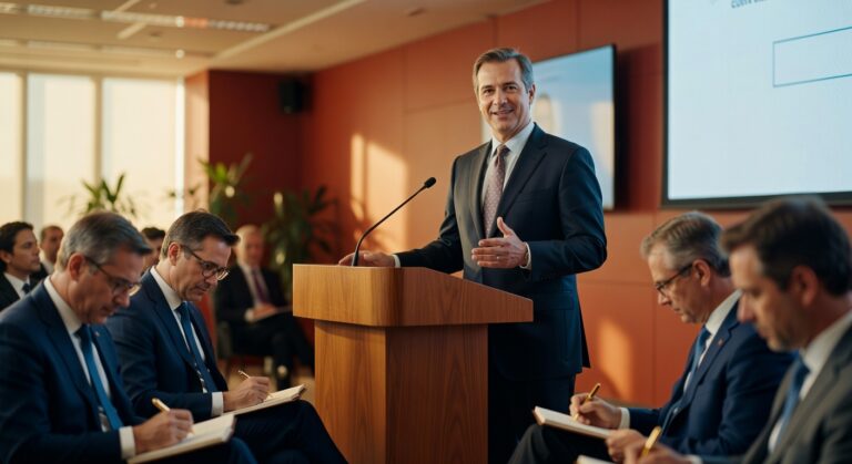 Executivo de terno discursando no púlpito durante evento empresarial com audiência tomando notas economia mercado financeiro