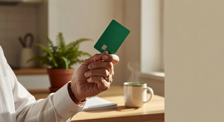 Pessoa segurando cartão de crédito verde em ambiente doméstico, representando pagamentos digitais e benefícios INSS