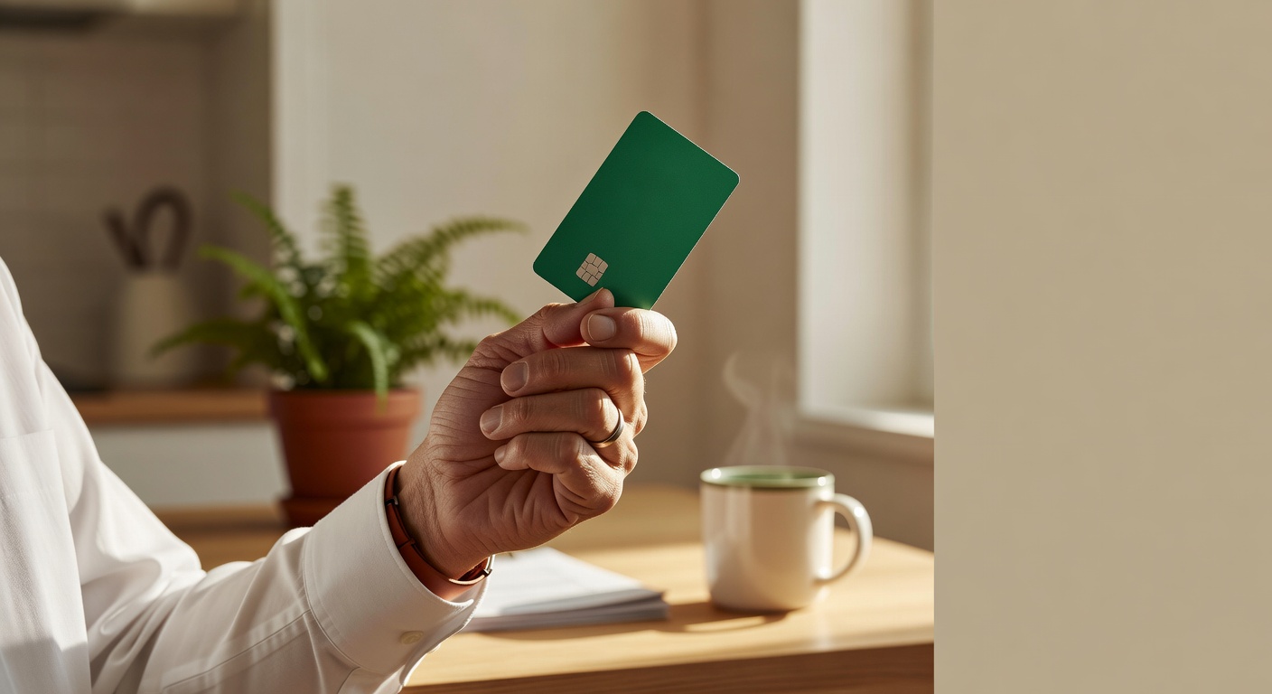 Pessoa segurando cartão de crédito verde em ambiente doméstico, representando pagamentos digitais e benefícios INSS