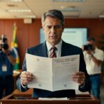 Homem de terno segurando documento oficial em coletiva de imprensa com fotógrafos ao fundo - orçamento governo