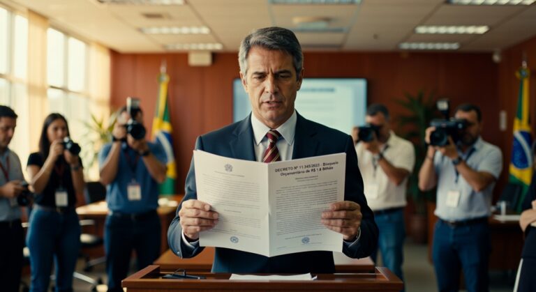 Homem de terno segurando documento oficial em coletiva de imprensa com fotógrafos ao fundo - orçamento governo