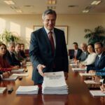 Executivo de terno apresentando documento em sala de reunião com equipe sentada ao redor de mesa orçamento governo