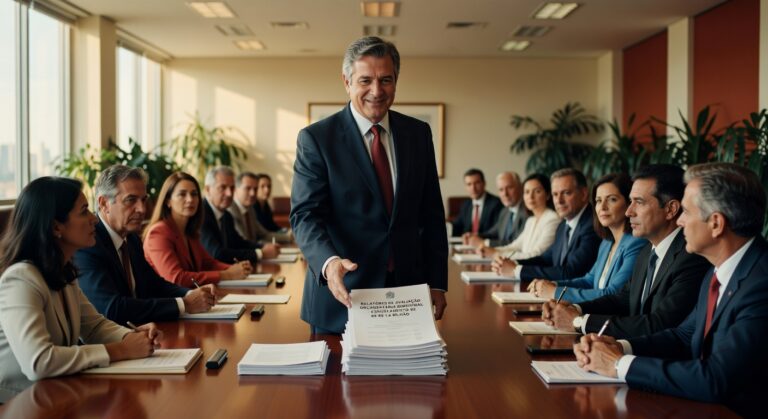 Executivo de terno apresentando documento em sala de reunião com equipe sentada ao redor de mesa orçamento governo