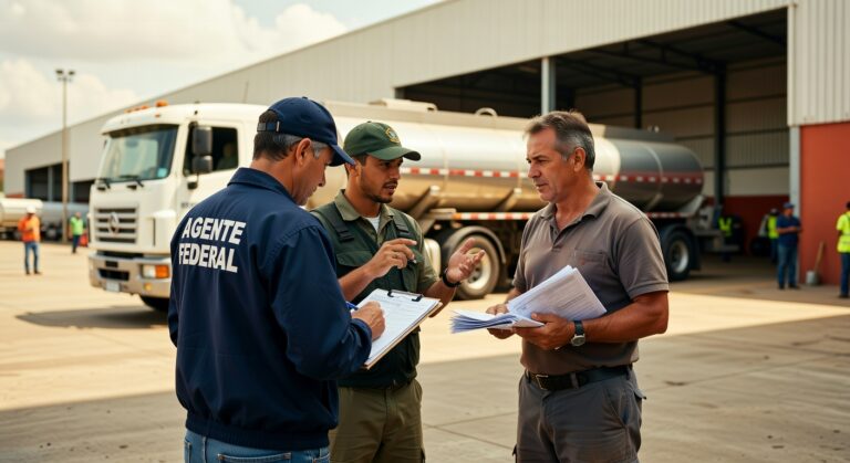 Agente federal inspeciona documentos junto a caminhão-tanque de combustível em operação de fiscalização de preços