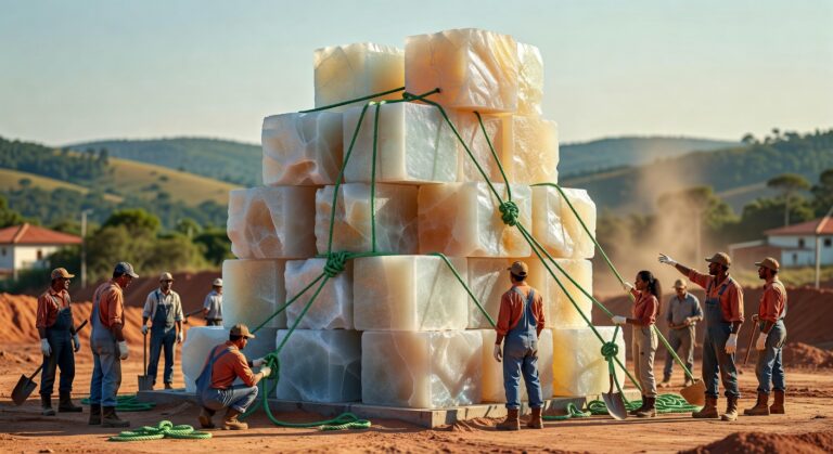 Grupo de trabalhadores uniformizados organizando grandes blocos brancos de sal industrial com cordas verdes em terreno