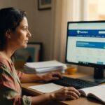 Mulher trabalhando em computador com documentos na mesa, acesso digital segurança financeira