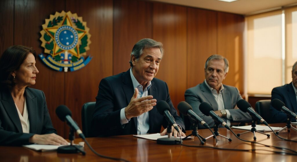 Coletiva de imprensa com autoridades governamentais em mesa com microfones e brasão oficial, políticas públicas diesel