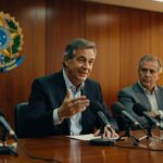 Coletiva de imprensa com autoridades governamentais em mesa com microfones e brasão oficial, políticas públicas diesel