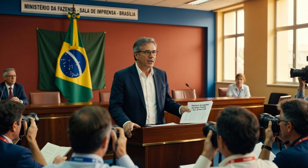 Autoridade do governo concede entrevista coletiva na sala de imprensa do Ministério da Fazenda em Brasília, política econômica