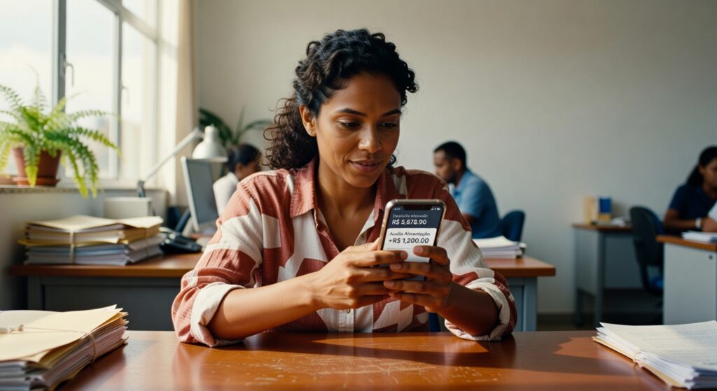 Mulher em escritório verifica valor de auxílio alimentação de R$ 1.200 no smartphone, benefícios trabalhistas governo