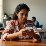 Mulher em escritório verifica valor de auxílio alimentação de R$ 1.200 no smartphone, benefícios trabalhistas governo