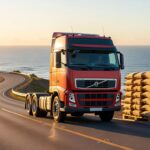 Caminhão Volvo vermelho trafega em rodovia litorânea transportando sacos de carga sobre pallets, setor logístico diesel