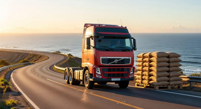 Caminhão Volvo vermelho trafega em rodovia litorânea transportando sacos de carga sobre pallets, setor logístico diesel