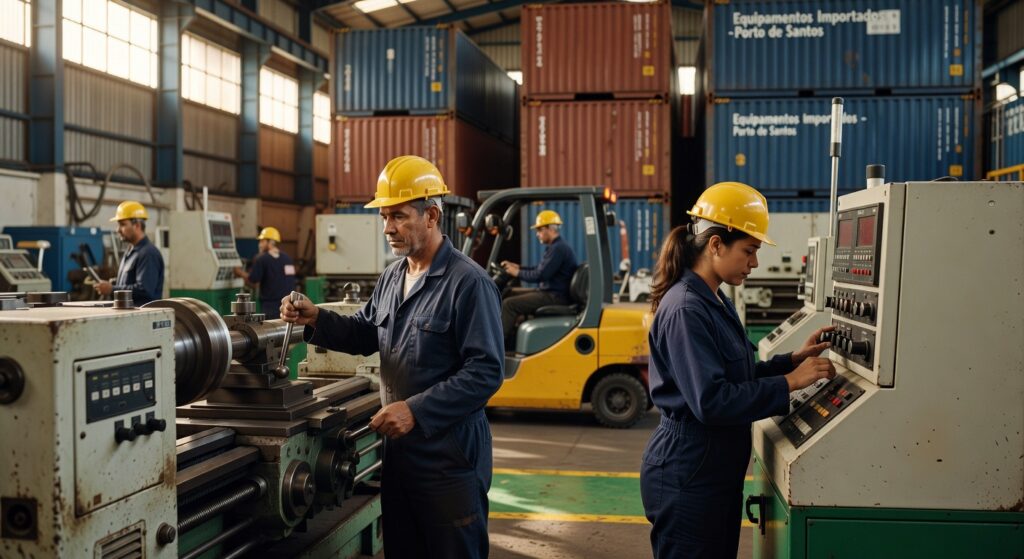 Trabalhadores com capacetes amarelos operando equipamentos industriais em fábrica com contêineres ao fundo indústria