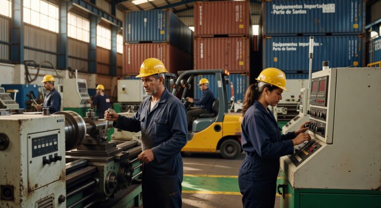Trabalhadores com capacetes amarelos operando equipamentos industriais em fábrica com contêineres ao fundo indústria