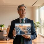 Executivo de terno segurando tablet mostrando complexo de data centers em ambiente corporativo moderno tecnologia