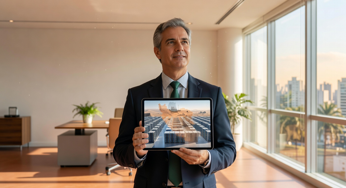 Executivo de terno segurando tablet mostrando complexo de data centers em ambiente corporativo moderno tecnologia